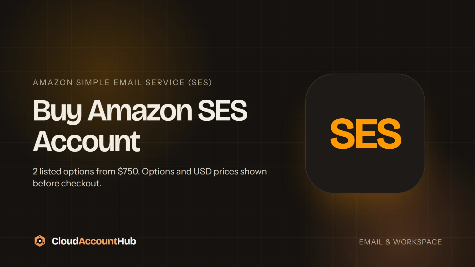 Buy Amazon SES Account listing on CloudAccountHub showing the SMTP 50K Limits and SMTP 100K Limits variants