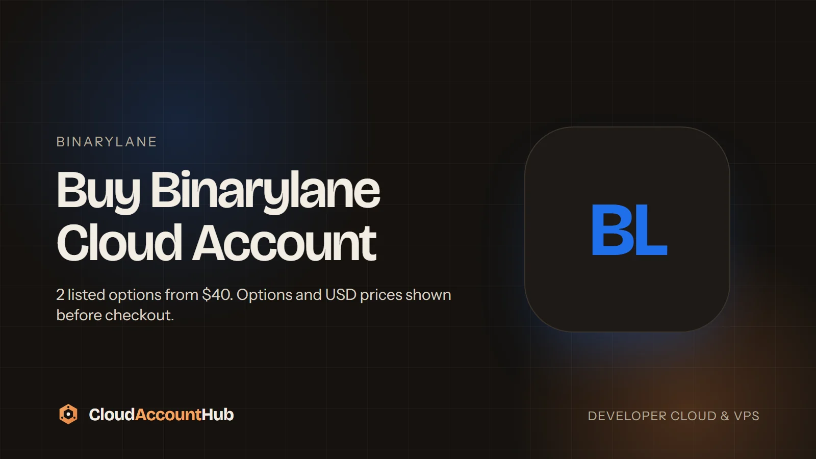 Buy Binarylane Cloud Account listing on CloudAccountHub showing the Free Trial and Port 25 Open variants