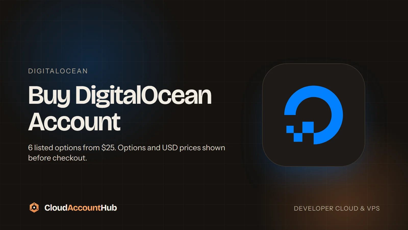 Buy DigitalOcean Account listing card showing Droplet limit and Open 25 Port variants on CloudAccountHub