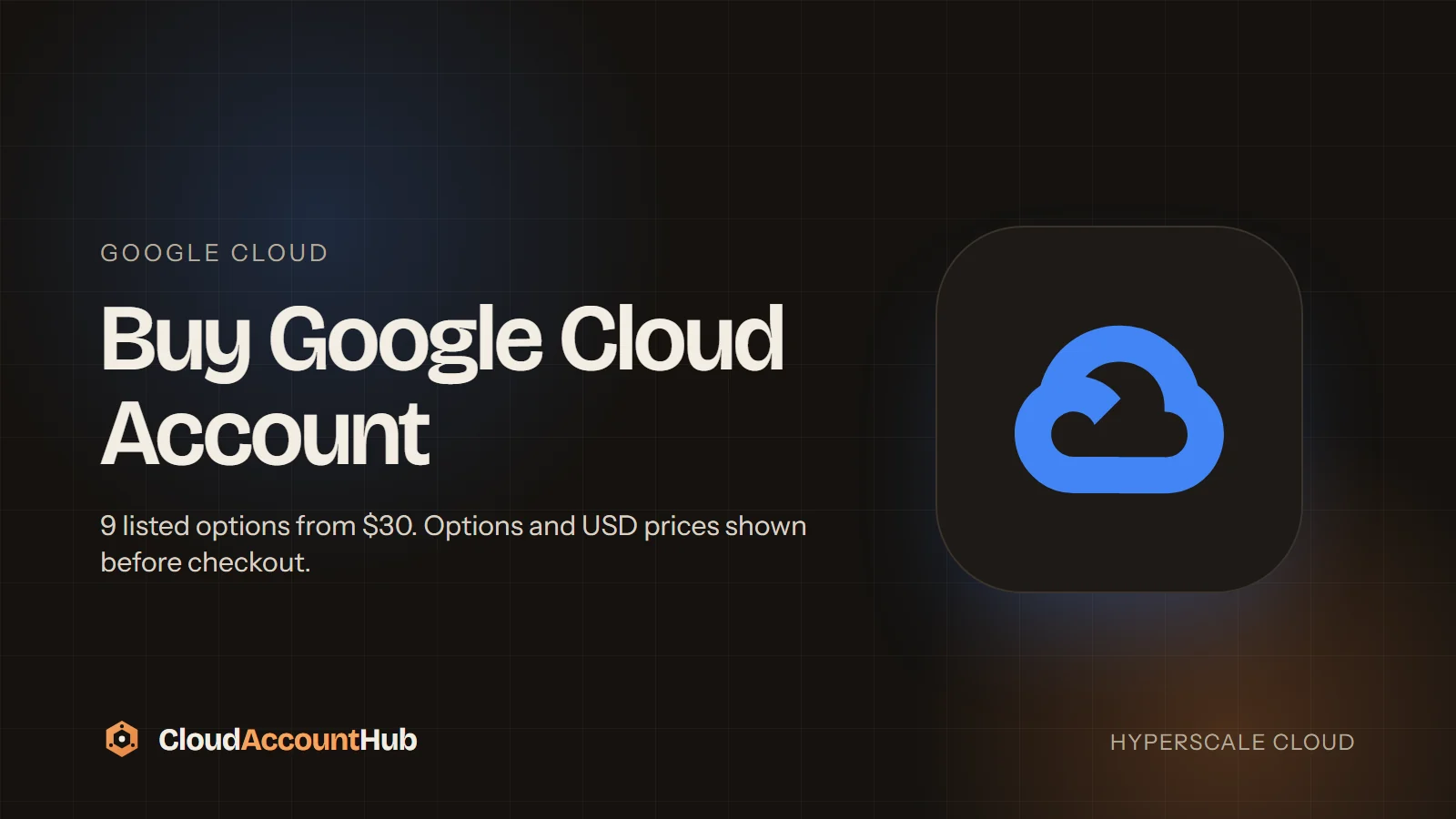Buy Google Cloud Account listing on CloudAccountHub showing Payment Required, Prepaid, and Credits variants