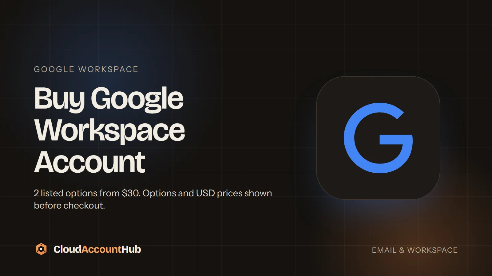 Buy Google Workspace Account listing on CloudAccountHub showing the Inbox Supported and Non Profit 300 variants