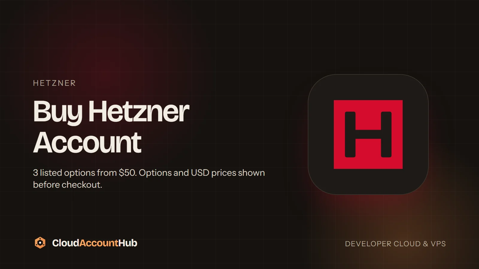 Buy Hetzner Account listing on CloudAccountHub showing the 5 Server, 10 Server and Open 25 Port variants