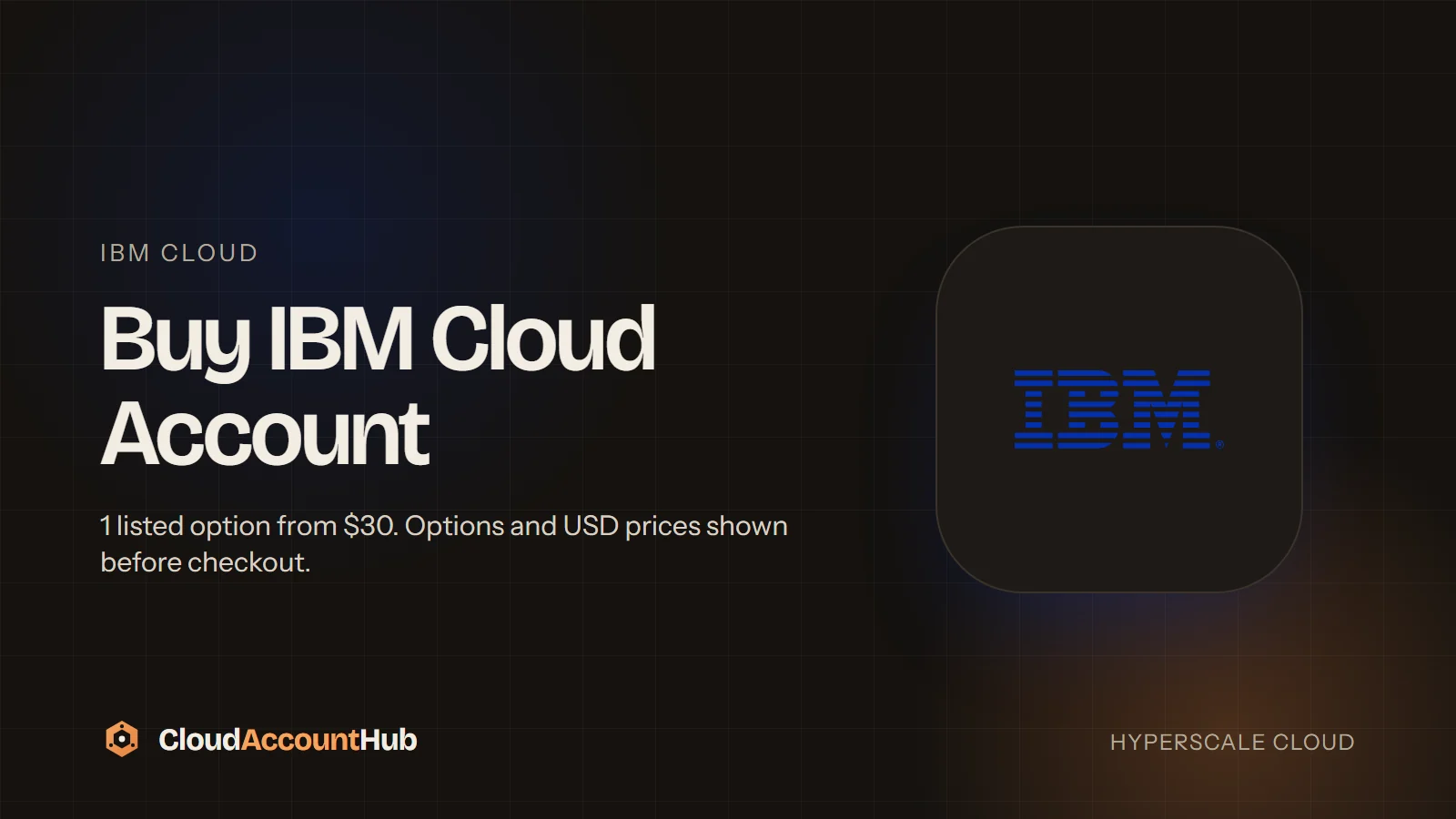 Buy IBM Cloud Account listing on CloudAccountHub showing the IBM Cloud Free Trial variant