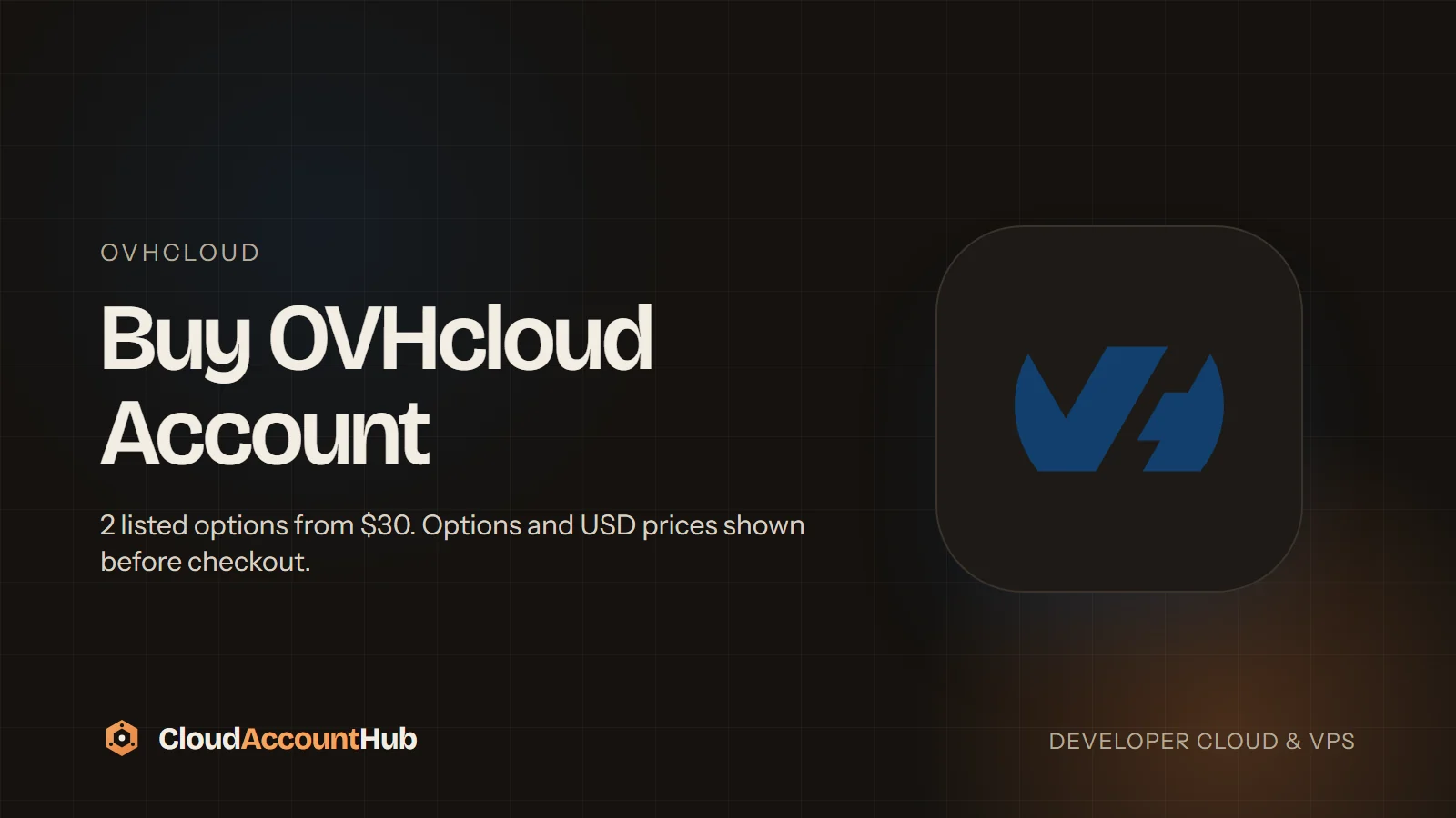 Buy OVHcloud Account listing on CloudAccountHub showing the 34 vCPUs and Open 25 Port variants