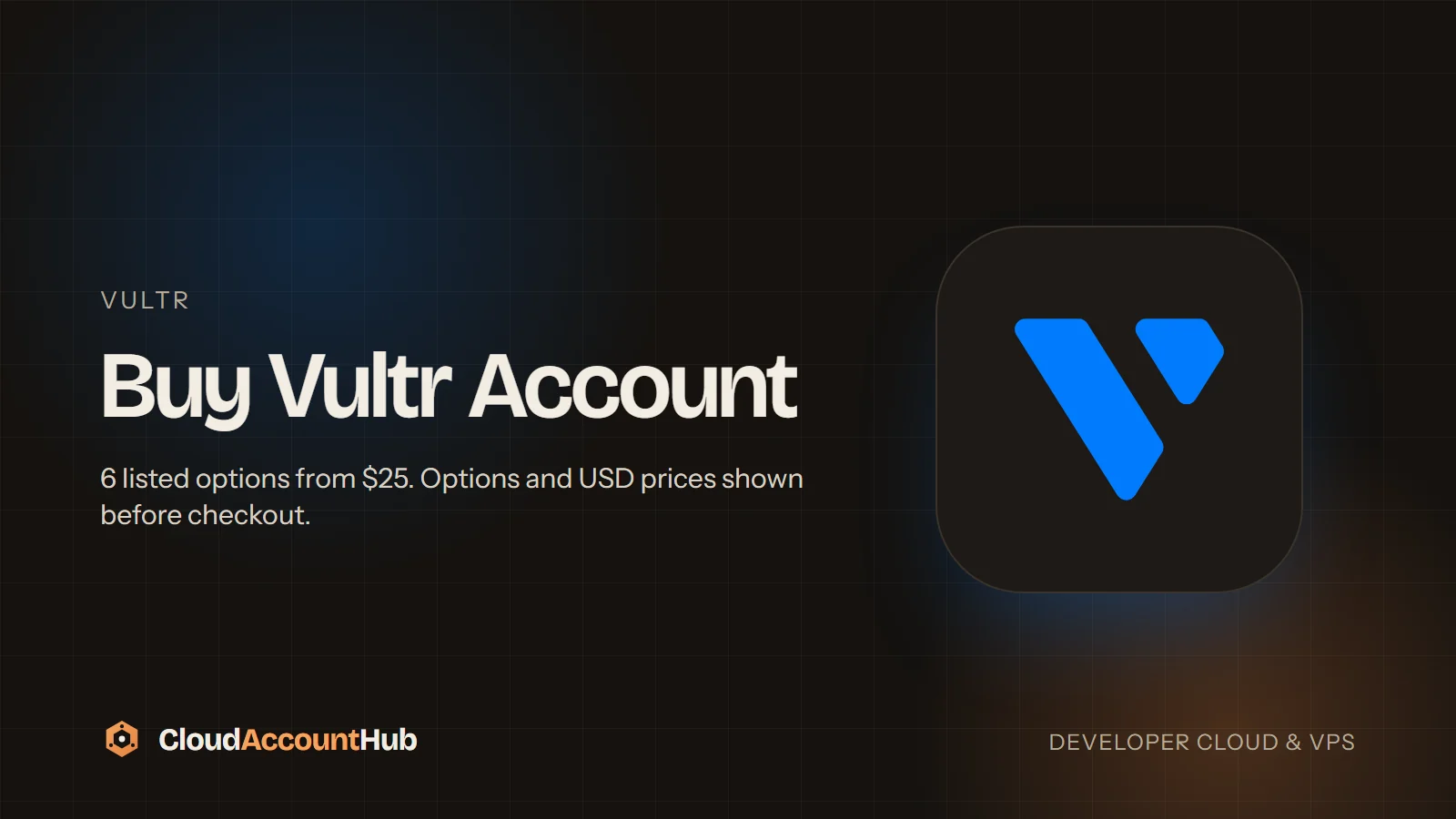 Buy Vultr Account listing on CloudAccountHub showing six credit options from Vultr 200$ Credit to Vultr 305$ Credit